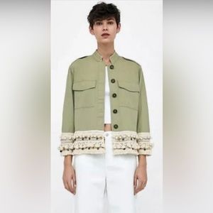 ZARA, army green  with tassel pomp fringe jacket🔆🔆Sale🔆🔆
